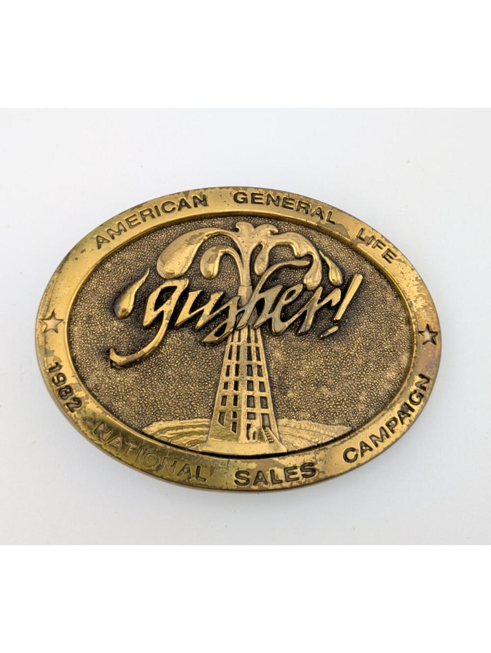 Vintage 1982 Gulf Oil BTS Solid Brass Buckle GUSHER American General Life Sales